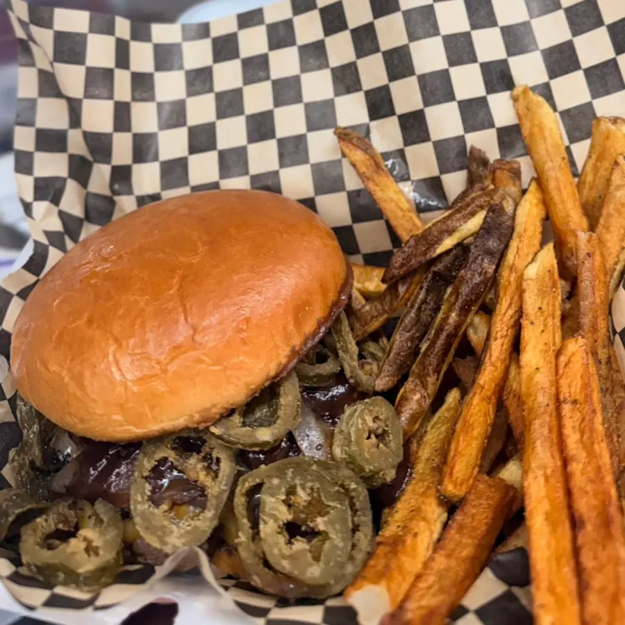 THAT Burger with colby cheese and fried jalapeños